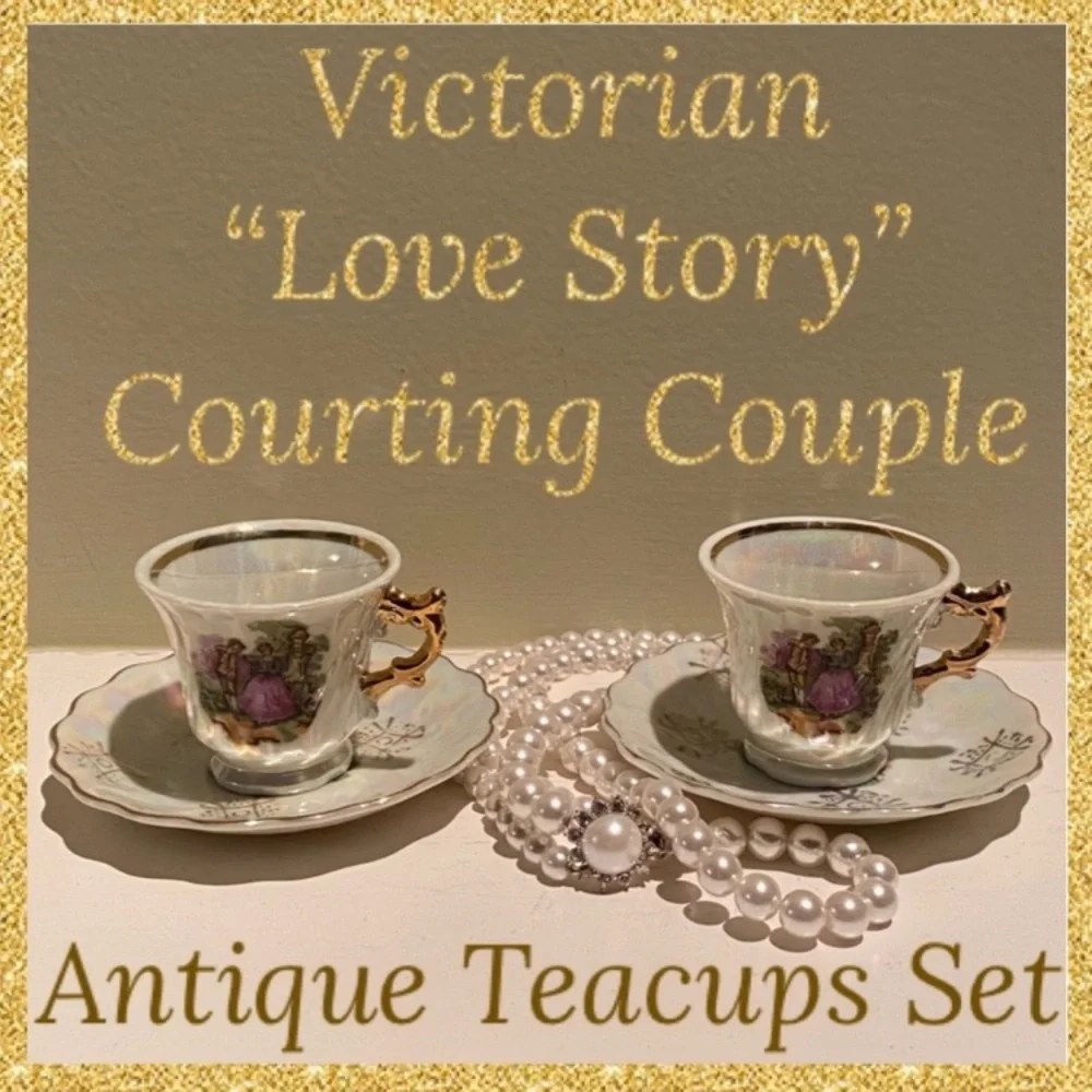 Victorian Lovers Teacups Courting Couple 1900s Japan 24K Gold Pearl Demitasse